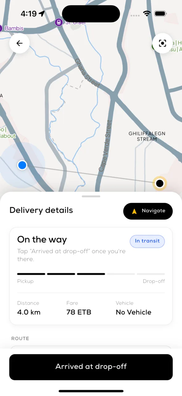 Laki Drop courier app showing a delivery in transit
